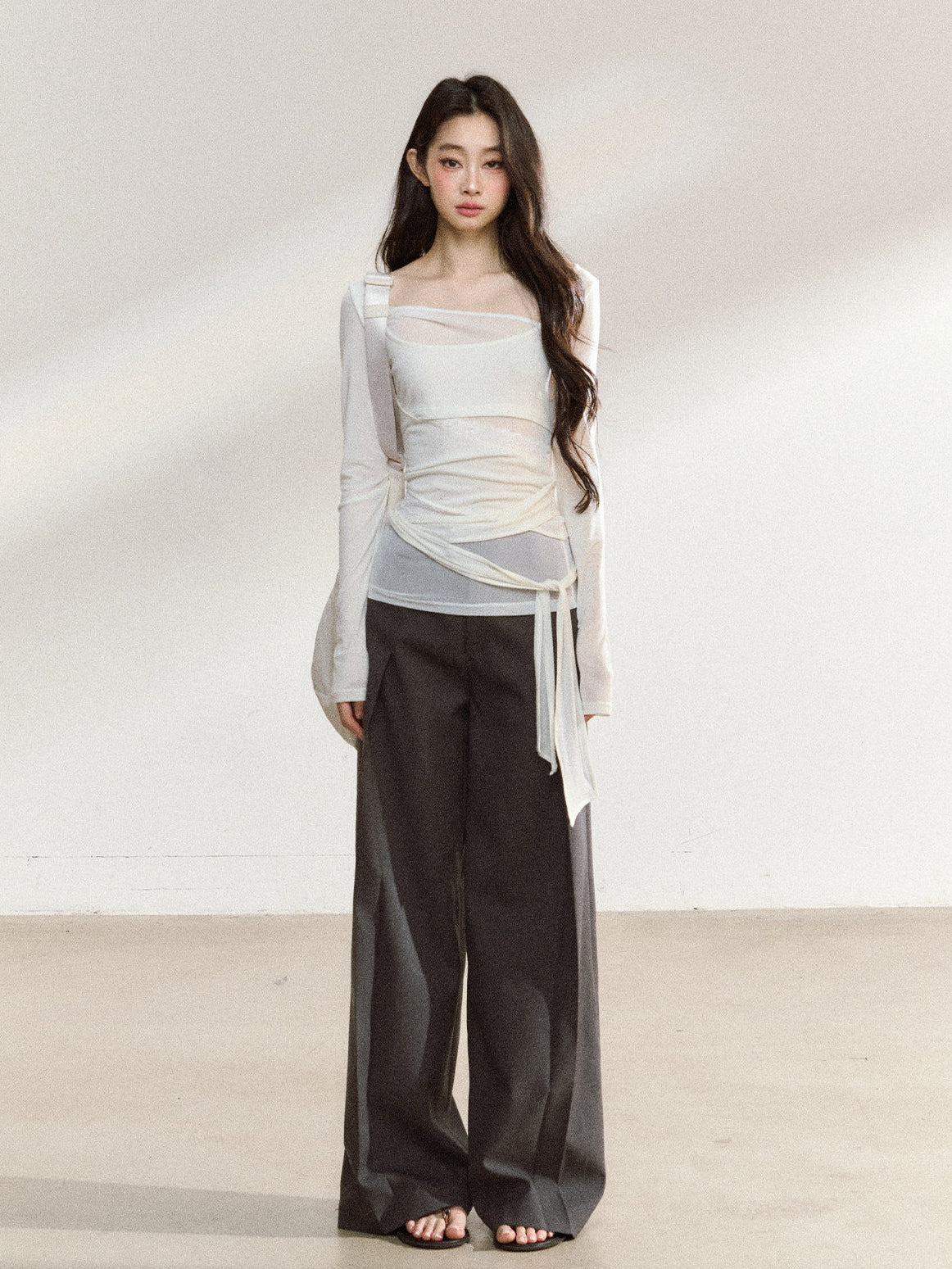 JN's DESIGN - Asymmetrical Layered Mesh Long-Sleeve Top