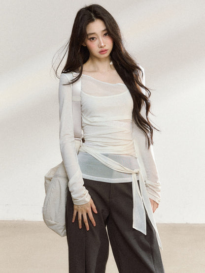 JN's DESIGN - Asymmetrical Layered Mesh Long-Sleeve Top