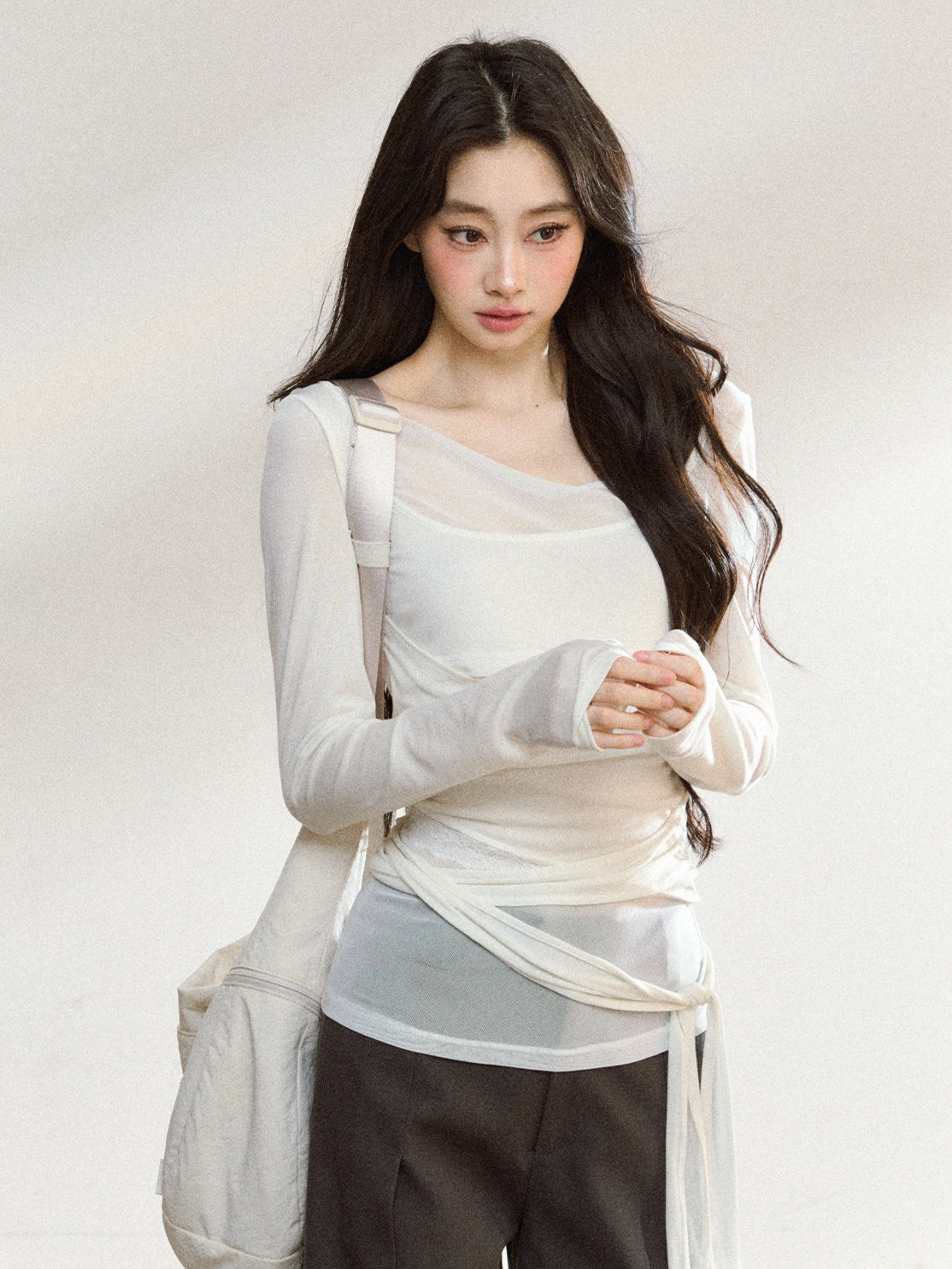 JN's DESIGN - Asymmetrical Layered Mesh Long-Sleeve Top