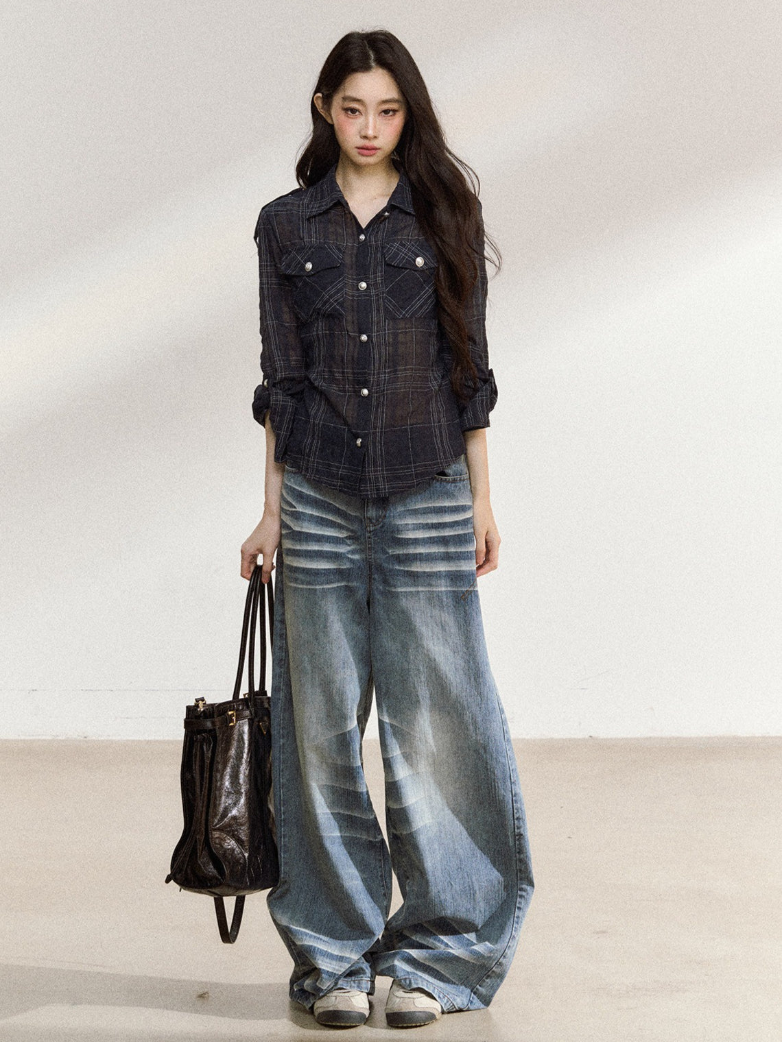 JN's DESIGN - Plaid Adjustable-Waist Long-Sleeve Shirt