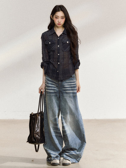 JN's DESIGN - Plaid Adjustable-Waist Long-Sleeve Shirt