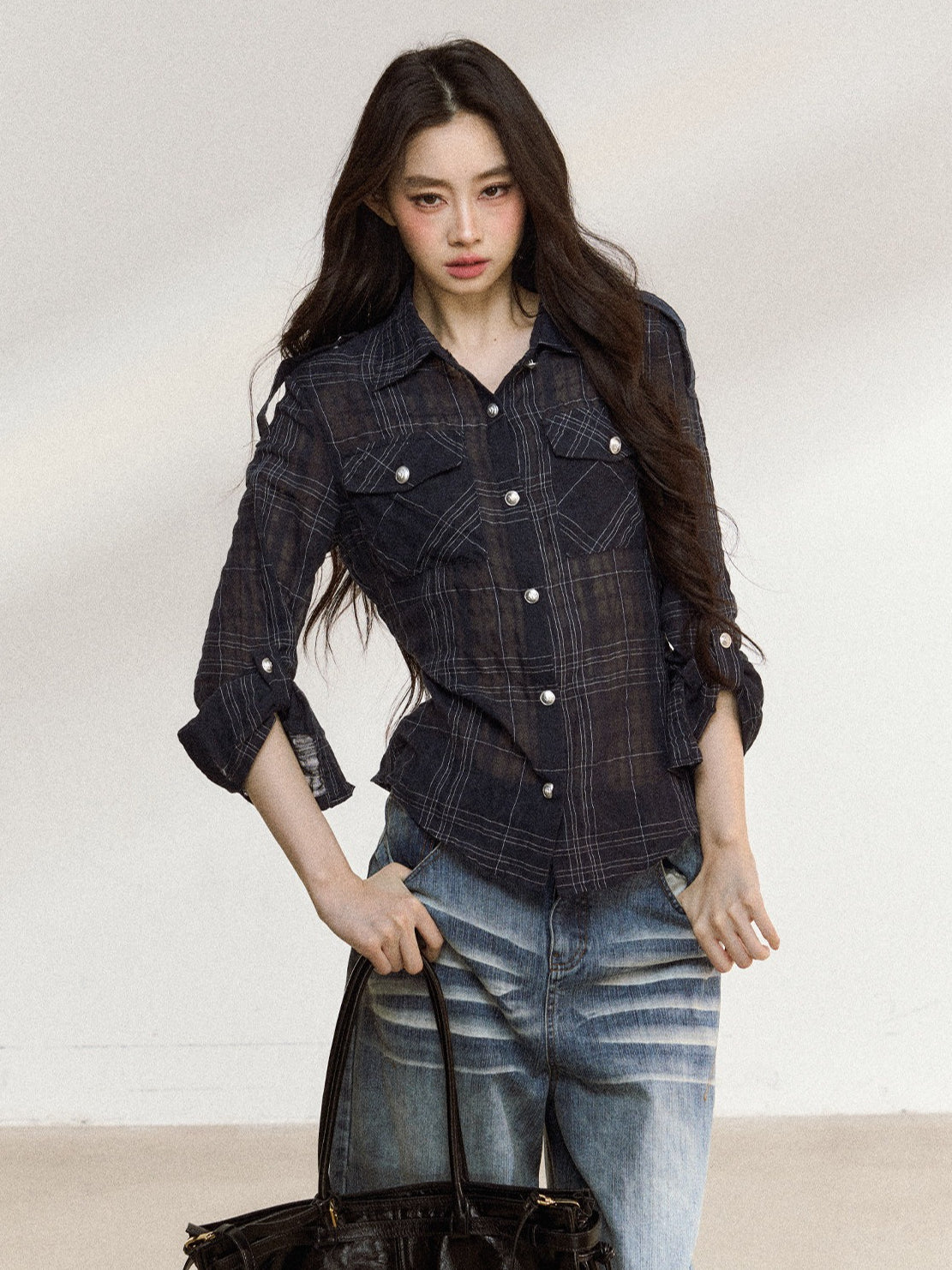JN's DESIGN - Plaid Adjustable-Waist Long-Sleeve Shirt