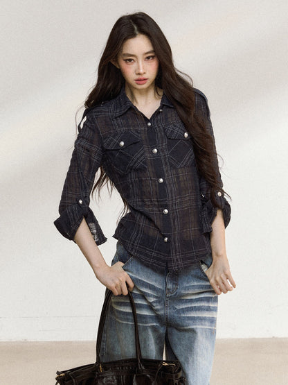 JN's DESIGN - Plaid Adjustable-Waist Long-Sleeve Shirt