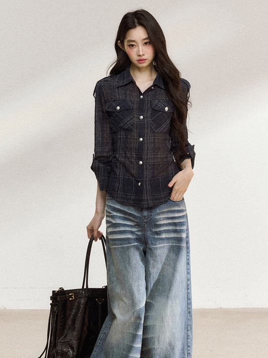 JN's DESIGN - Plaid Adjustable-Waist Long-Sleeve Shirt