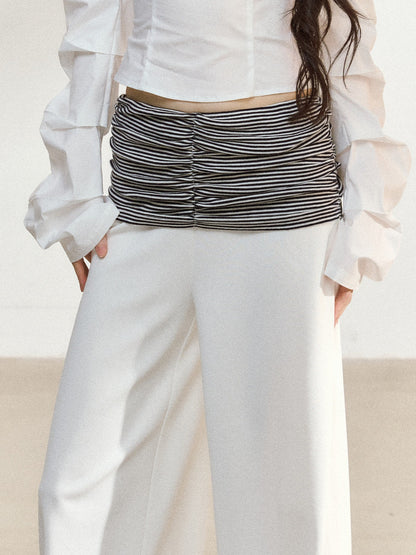 JN's DESIGN - White Wide-Leg Pants with Contrast Striped Waistband