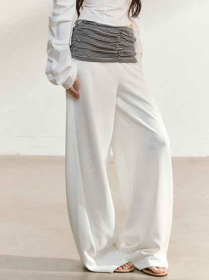 JN's DESIGN - White Wide-Leg Pants with Contrast Striped Waistband