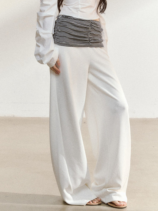 JN's DESIGN - White Wide-Leg Pants with Contrast Striped Waistband