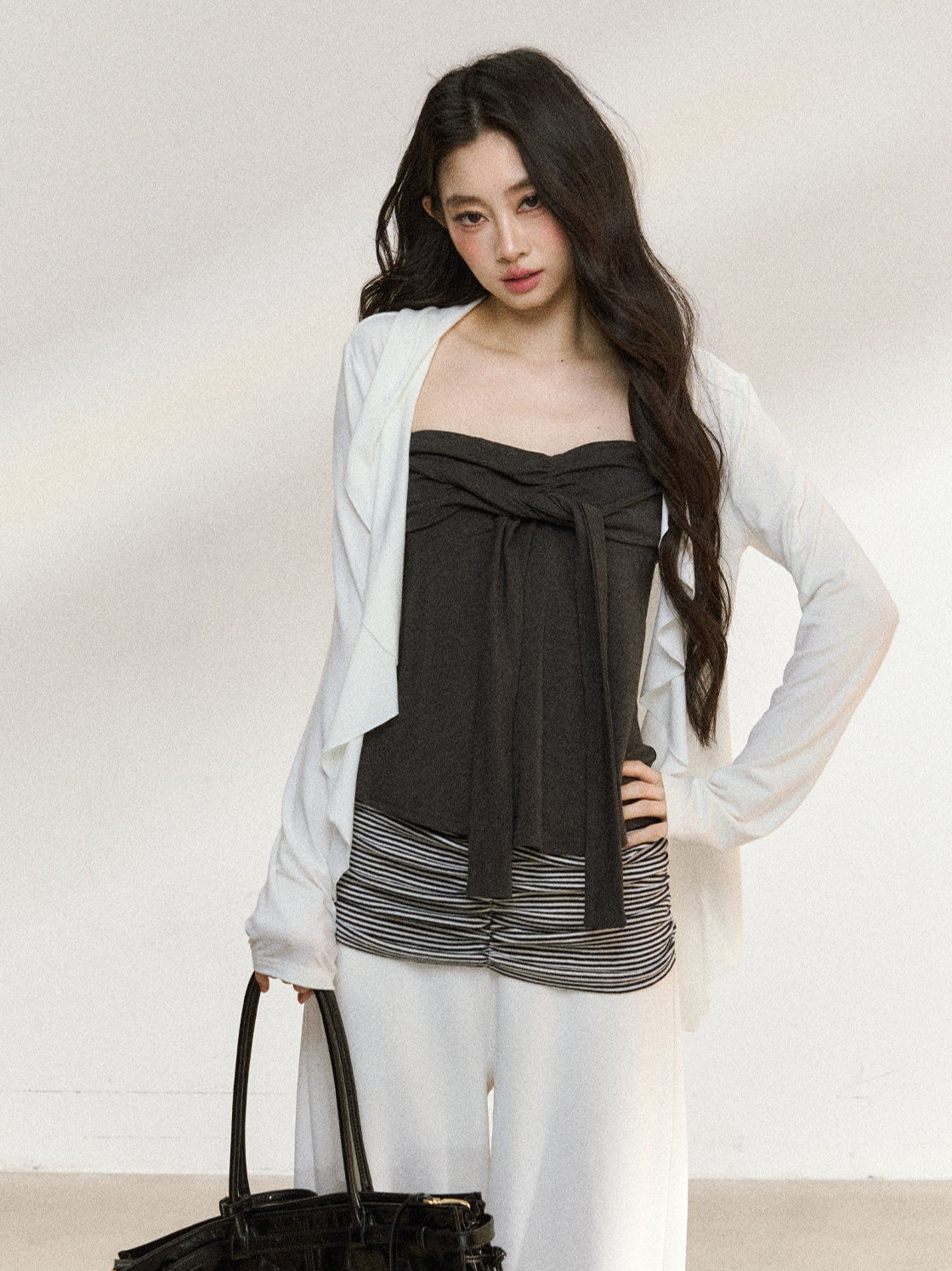 JN's DESIGN - White Ruffle Overshirt & Gray Cami Set