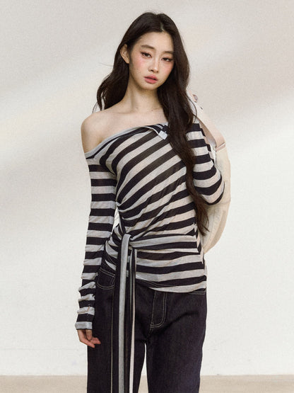 JN's DESIGN - Asymmetrical Striped Long-Sleeve Top with Tie Detail