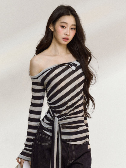 JN's DESIGN - Asymmetrical Striped Long-Sleeve Top with Tie Detail