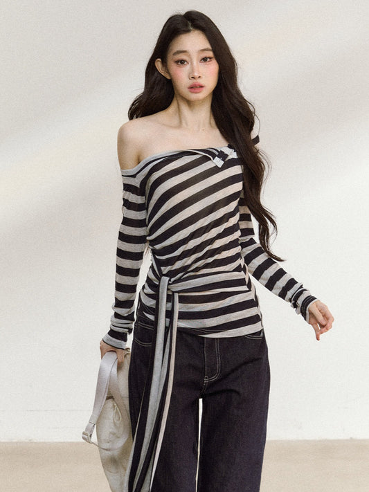 JN's DESIGN - Asymmetrical Striped Long-Sleeve Top with Tie Detail