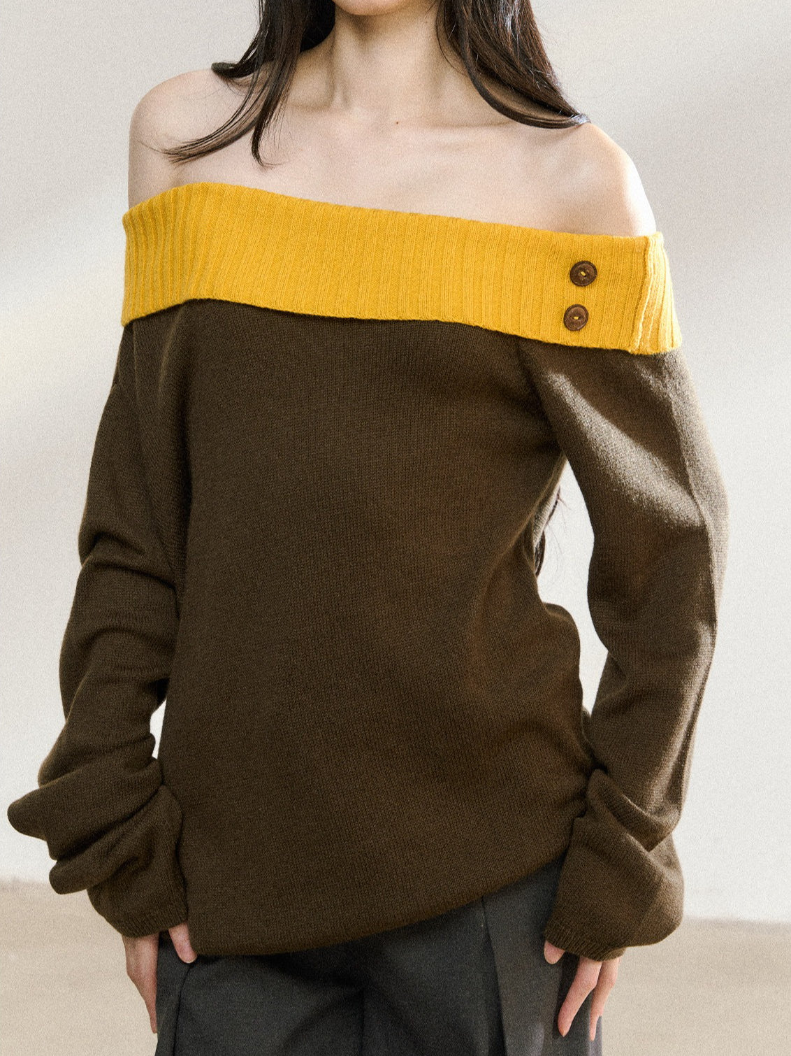 JN's DESIGN - Asymmetrical Color-Block Off-Shoulder Knit Sweater