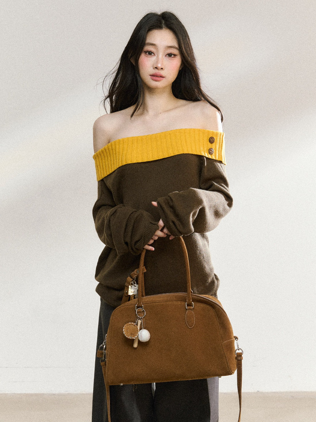 JN's DESIGN - Asymmetrical Color-Block Off-Shoulder Knit Sweater