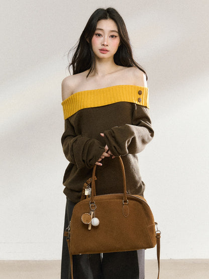 JN's DESIGN - Asymmetrical Color-Block Off-Shoulder Knit Sweater