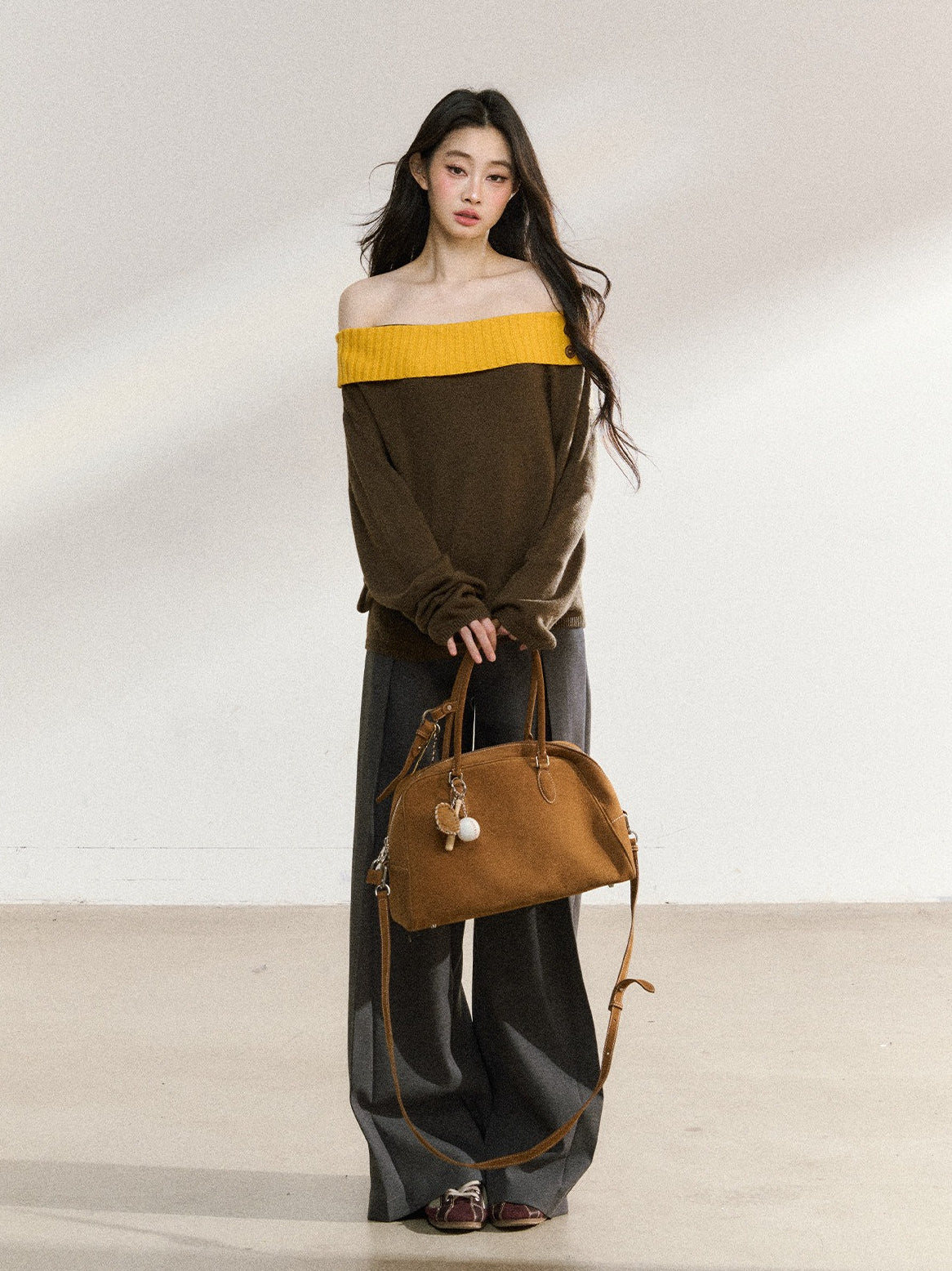 JN's DESIGN - Asymmetrical Color-Block Off-Shoulder Knit Sweater