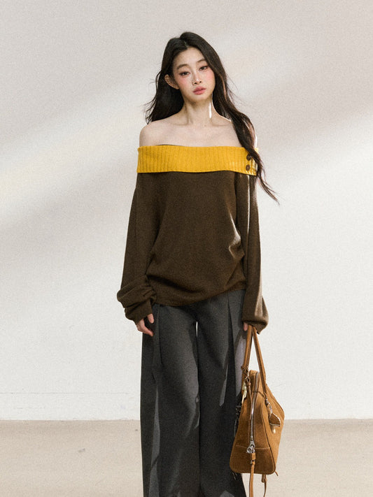 JN's DESIGN - Asymmetrical Color-Block Off-Shoulder Knit Sweater