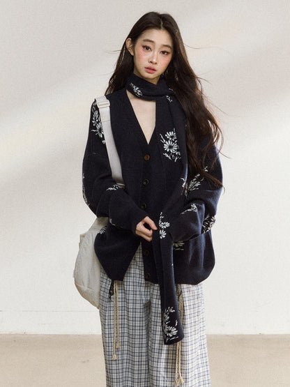 JN's DESIGN - Navy Blue Floral Jacquard V-Neck Cardigan