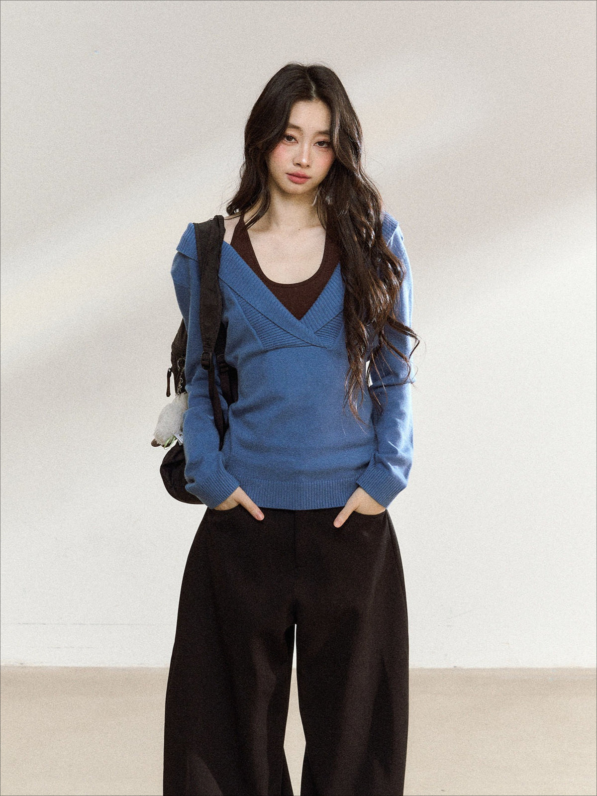 JN's DESIGN - Blue Knit Sweater with Brown Cami Set