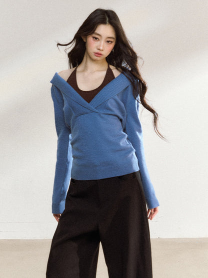JN's DESIGN - Blue Knit Sweater with Brown Cami Set