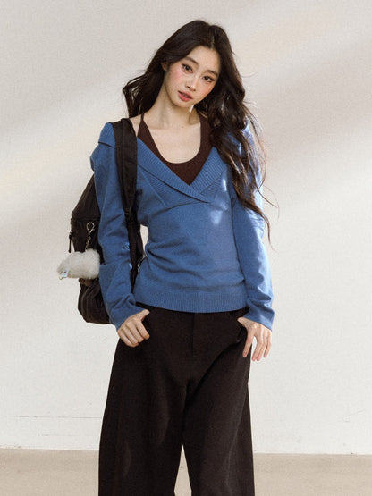 JN's DESIGN - Blue Knit Sweater with Brown Cami Set