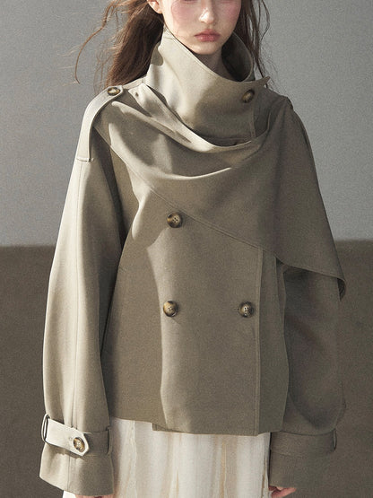 Gray Funnel-Neck Double-Breasted Short Trench Coat