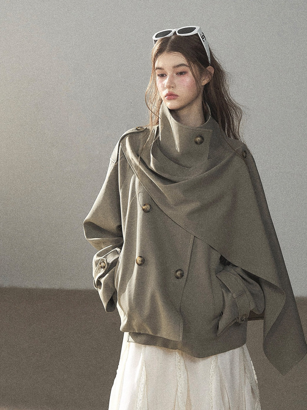 Gray Funnel-Neck Double-Breasted Short Trench Coat