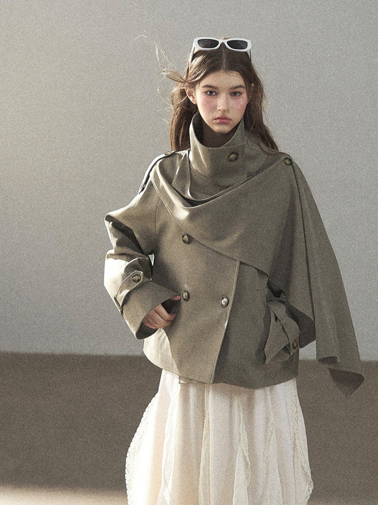 Gray Funnel-Neck Double-Breasted Short Trench Coat