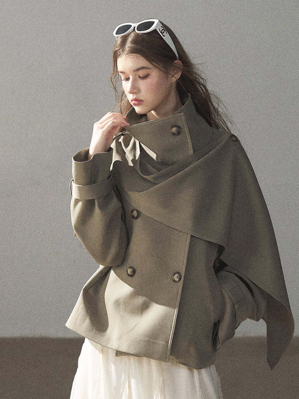 Gray Funnel-Neck Double-Breasted Short Trench Coat