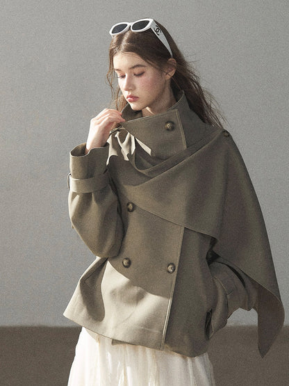 Gray Funnel-Neck Double-Breasted Short Trench Coat