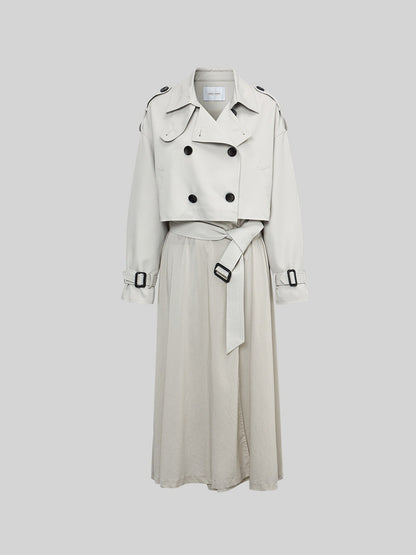 LaluneDuCiel - Beige Gray Double-Breasted Long Trench Coat