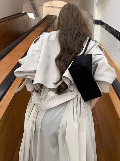 LaluneDuCiel - Beige Gray Double-Breasted Long Trench Coat
