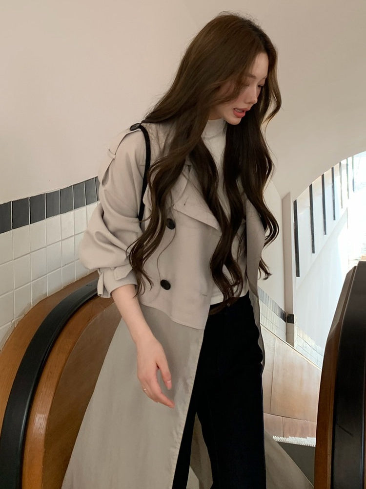 LaluneDuCiel - Beige Gray Double-Breasted Long Trench Coat