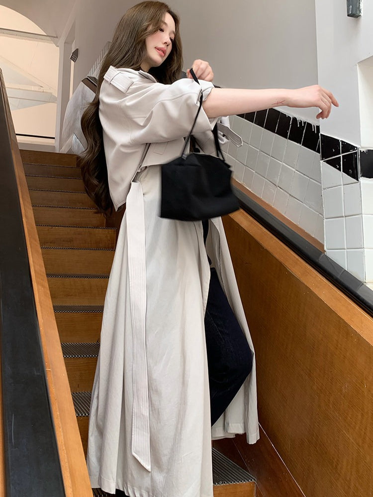 LaluneDuCiel - Beige Gray Double-Breasted Long Trench Coat