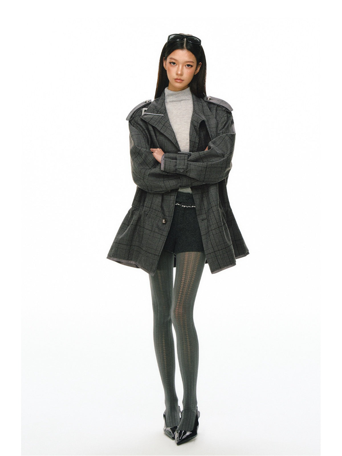 Ariseism - Dark Gray Checked Waist-Defined Mid-Length Trench Coat