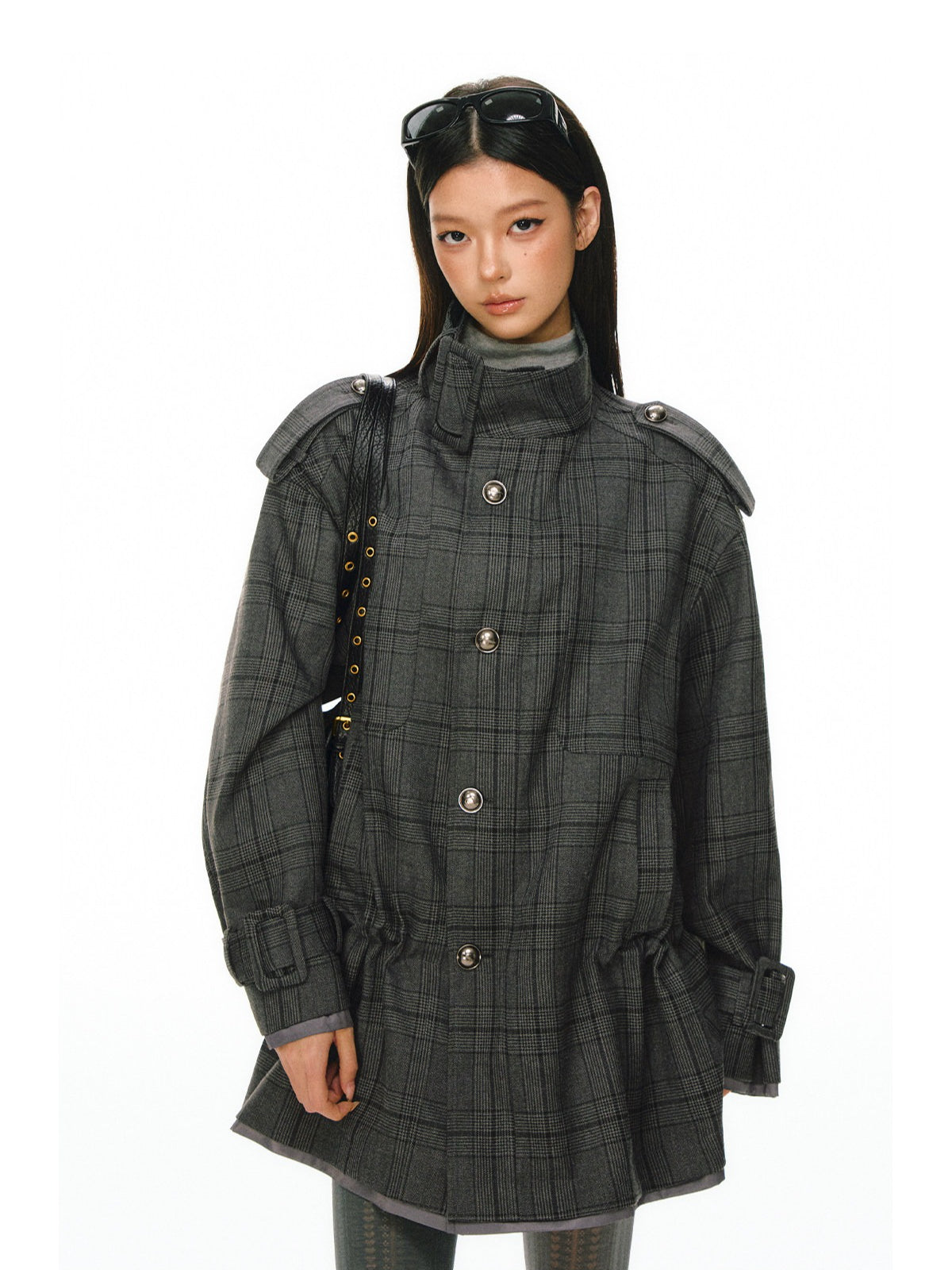 Ariseism - Dark Gray Checked Waist-Defined Mid-Length Trench Coat