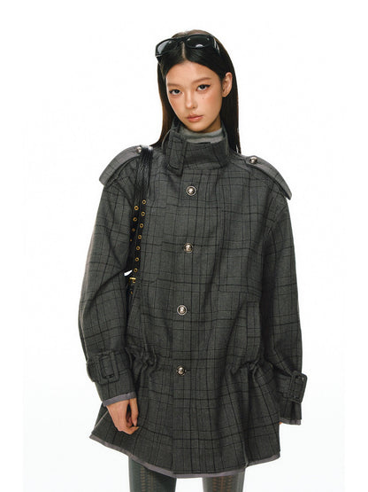 Ariseism - Dark Gray Checked Waist-Defined Mid-Length Trench Coat