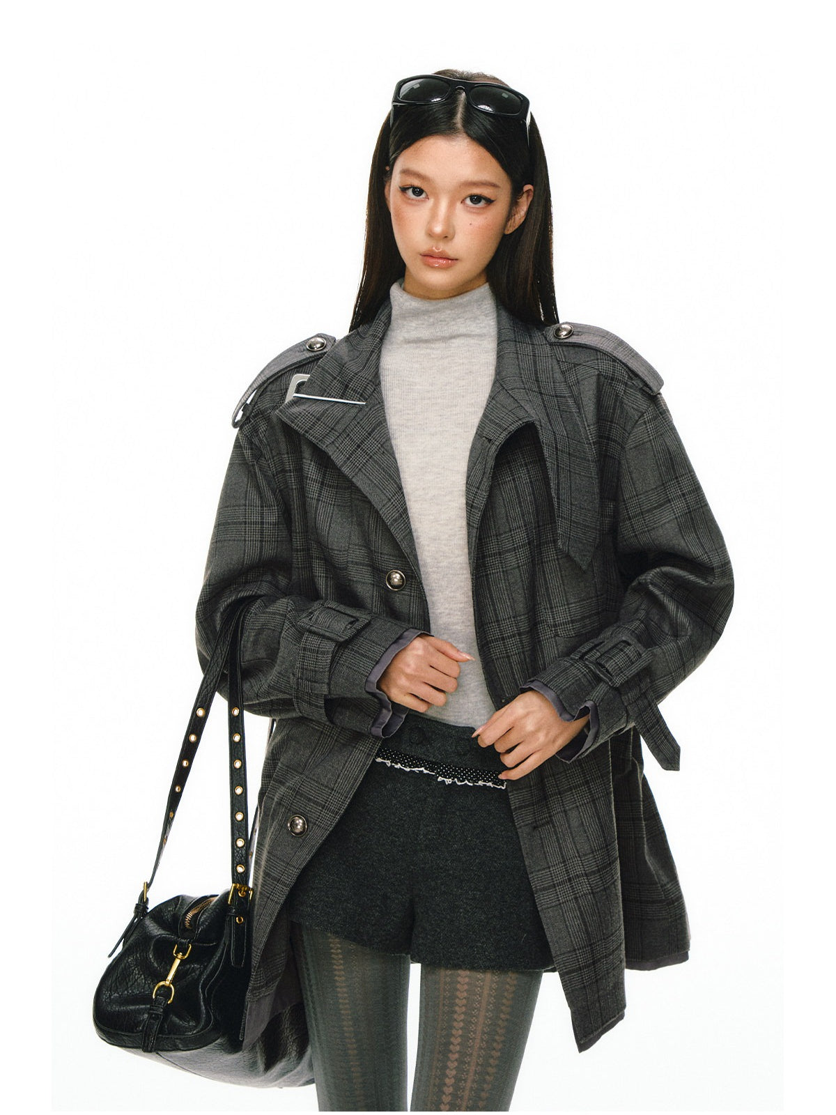 Ariseism - Dark Gray Checked Waist-Defined Mid-Length Trench Coat