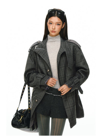 Ariseism - Dark Gray Checked Waist-Defined Mid-Length Trench Coat