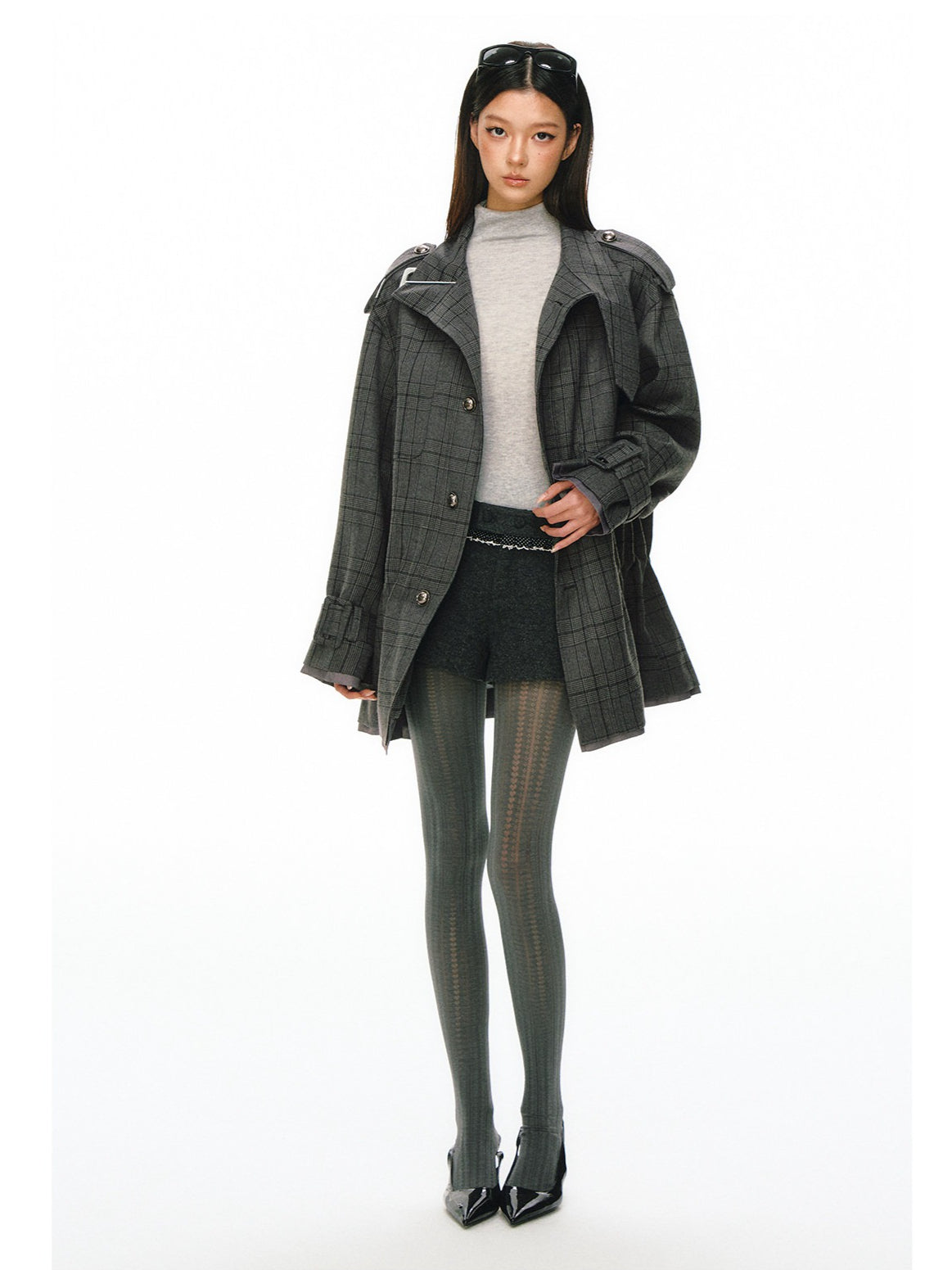 Ariseism - Dark Gray Checked Waist-Defined Mid-Length Trench Coat