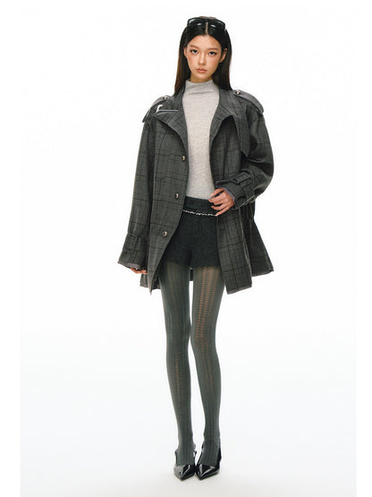 Ariseism - Dark Gray Checked Waist-Defined Mid-Length Trench Coat
