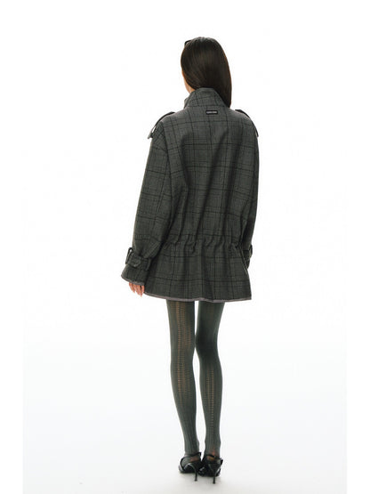 Ariseism - Dark Gray Checked Waist-Defined Mid-Length Trench Coat