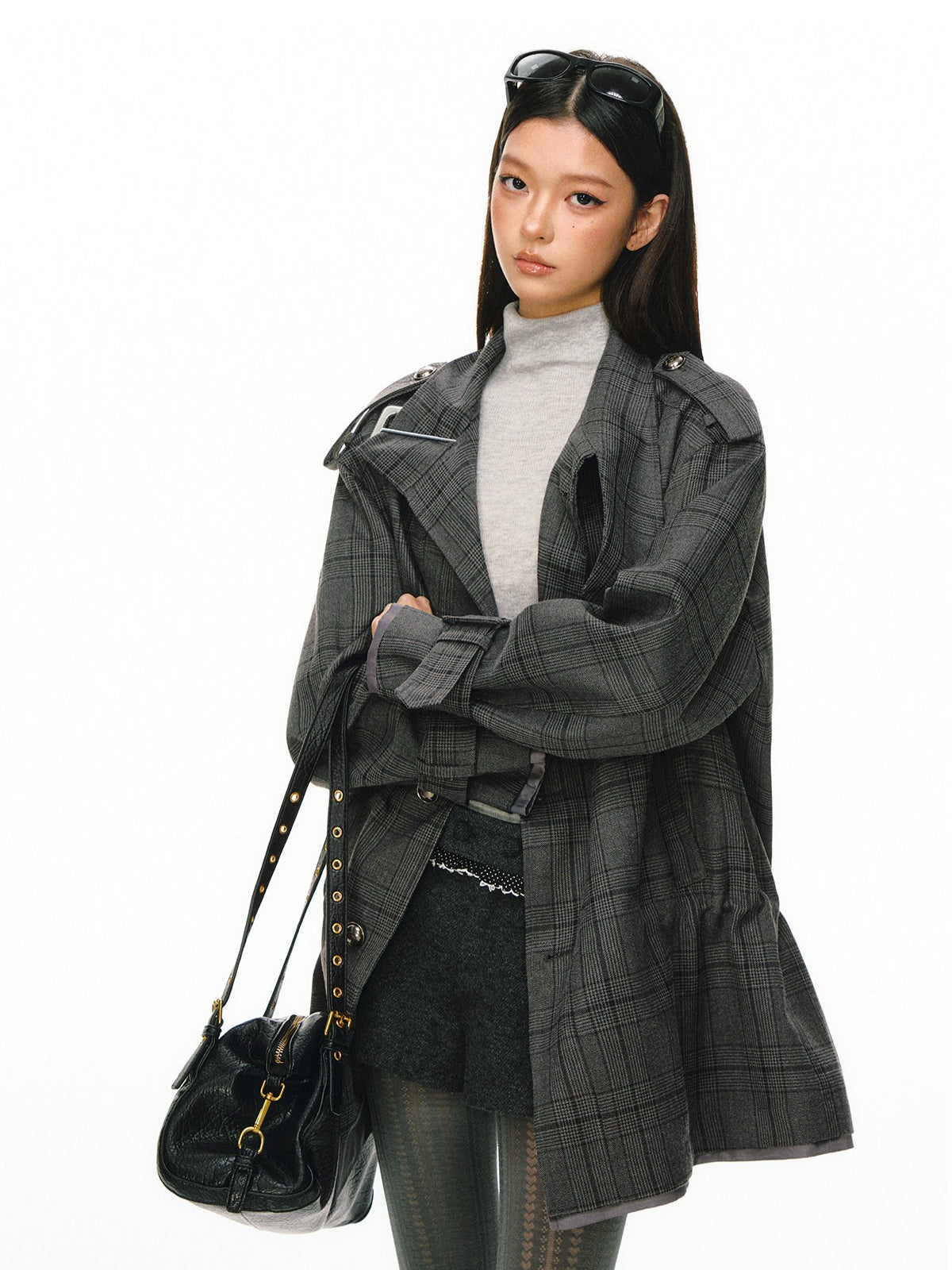 Ariseism - Dark Gray Checked Waist-Defined Mid-Length Trench Coat