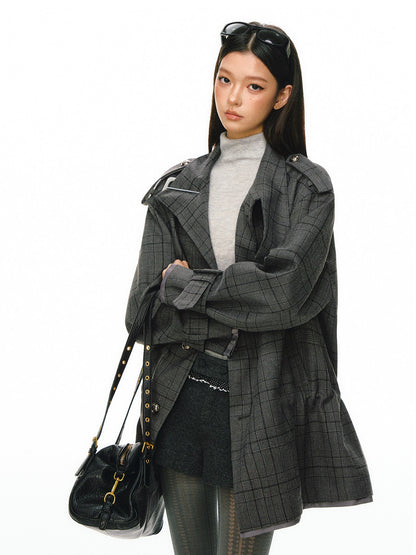 Ariseism - Dark Gray Checked Waist-Defined Mid-Length Trench Coat