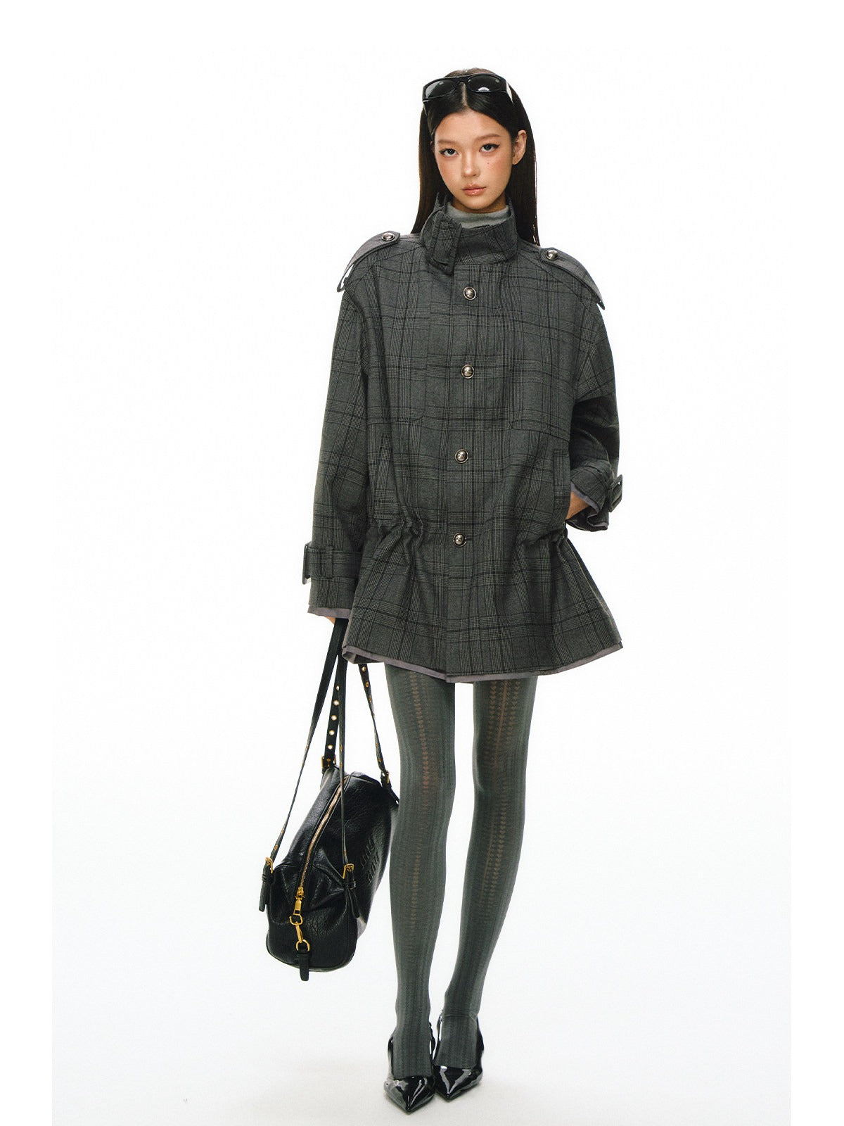Ariseism - Dark Gray Checked Waist-Defined Mid-Length Trench Coat