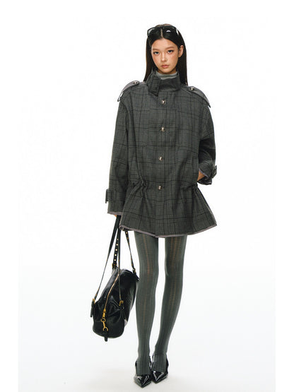 Ariseism - Dark Gray Checked Waist-Defined Mid-Length Trench Coat