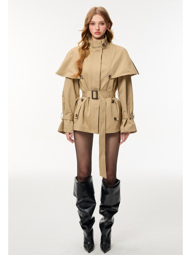 HiimDai - Convertible Cape Trench Coat with Detachable Layer (Khaki / Black)