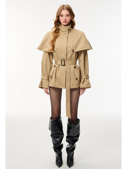HiimDai - Convertible Cape Trench Coat with Detachable Layer (Khaki / Black)