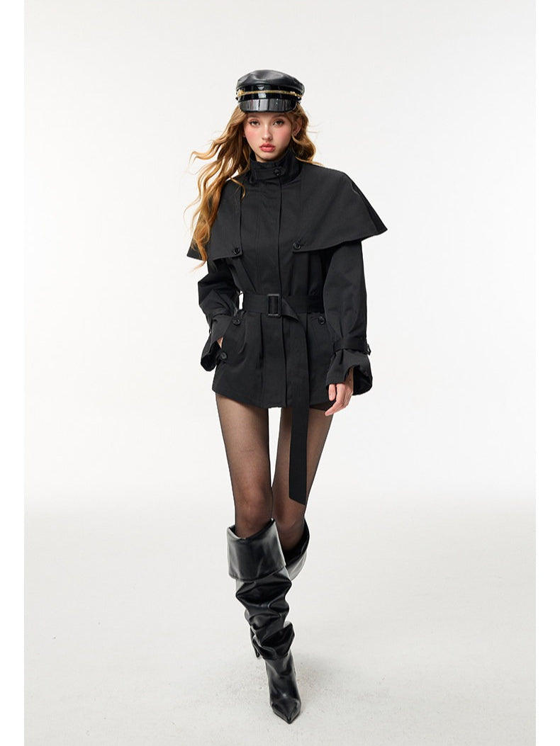 HiimDai - Convertible Cape Trench Coat with Detachable Layer (Khaki / Black)
