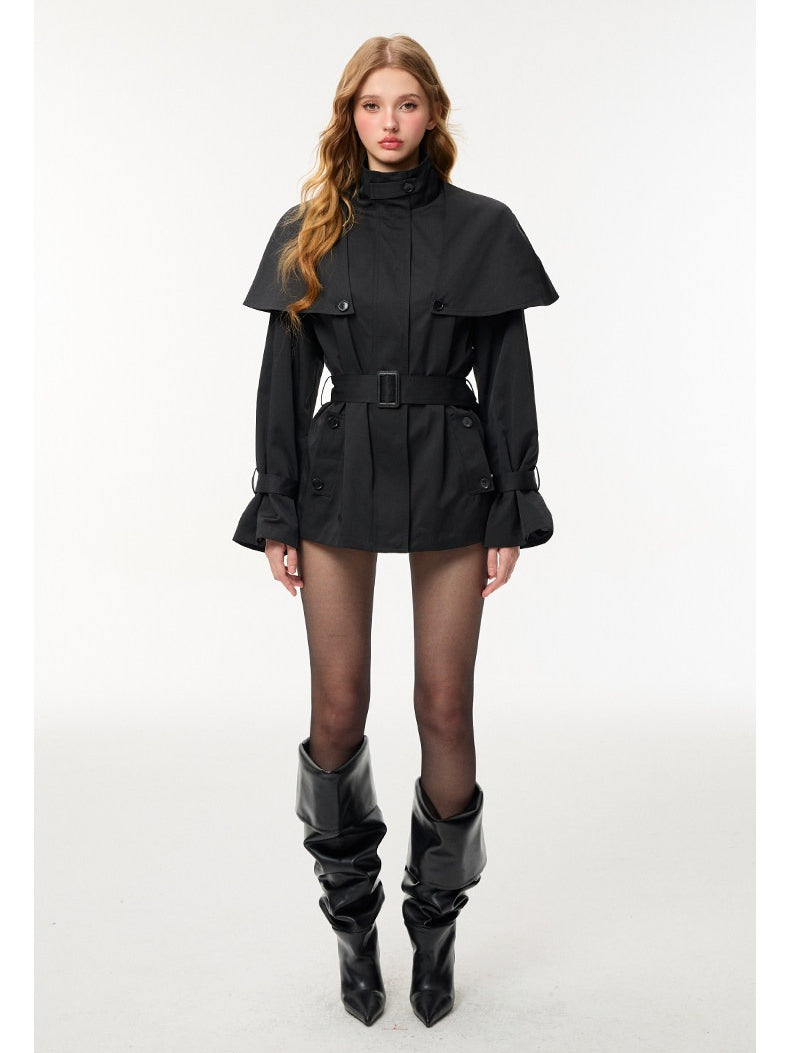 HiimDai - Convertible Cape Trench Coat with Detachable Layer (Khaki / Black)