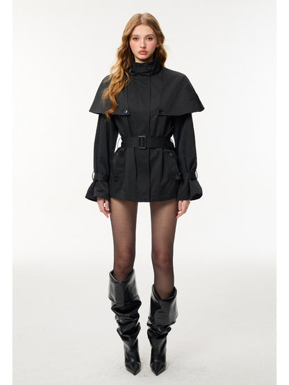 HiimDai - Convertible Cape Trench Coat with Detachable Layer (Khaki / Black)